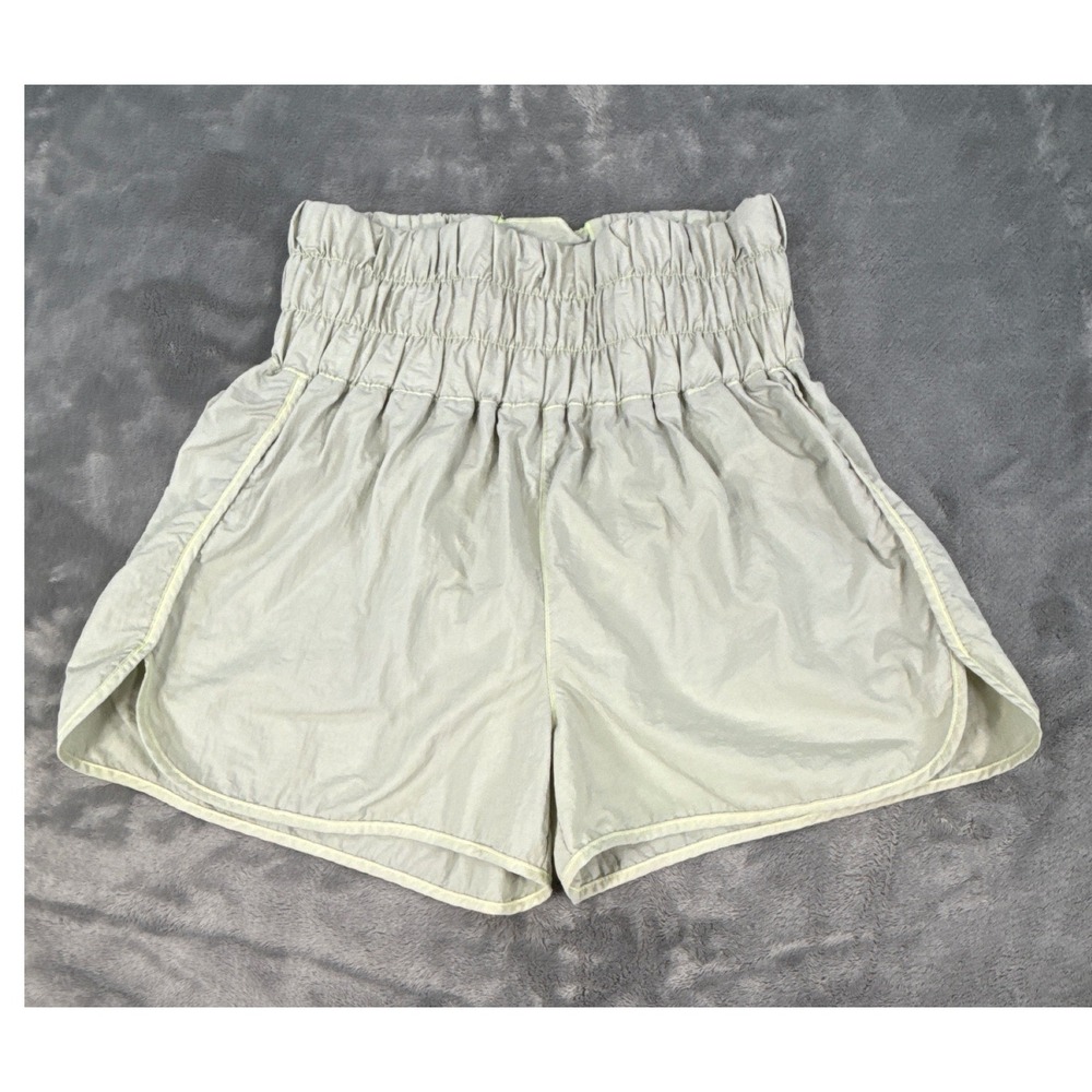 Zenana Pale Green Neon Yellow Smocked High Waist Athletic Shorts Medium